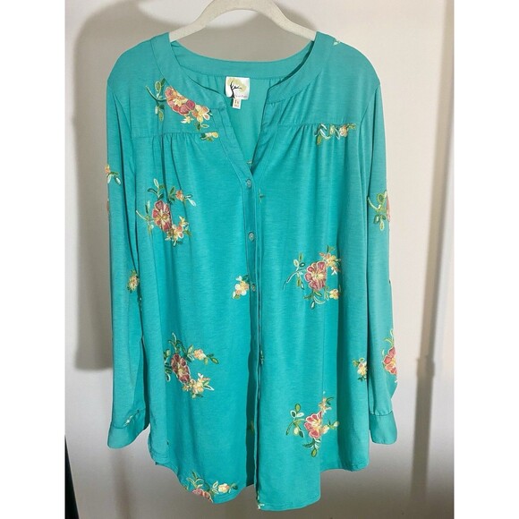 Anthropologie Fig & Flower Button Front Blouse Boho Top XL Embroidery Roll Tab - Picture 1 of 14